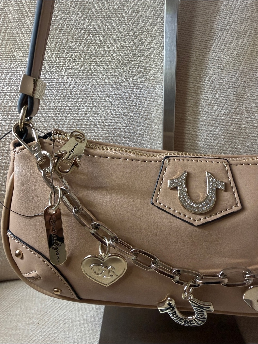 True Religion Beige Shoulder Bag with Silver Charm Chain - Picture 3 of 15